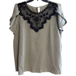 Shein Curve Women's Blouse Lace Panel Batwing Sleeve Round Neck‎ Top Green 1XL